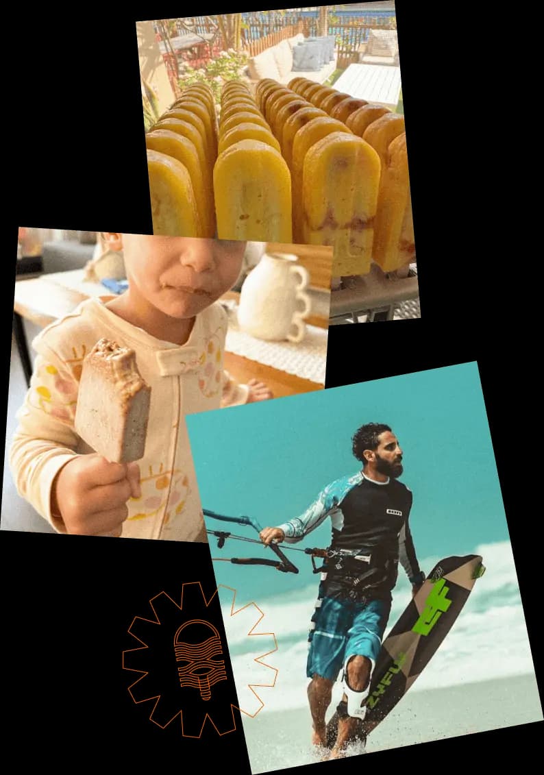 Collage of LA PALETA lifestyle moments — kids enjoying paletas, kitesurfing in Dubai