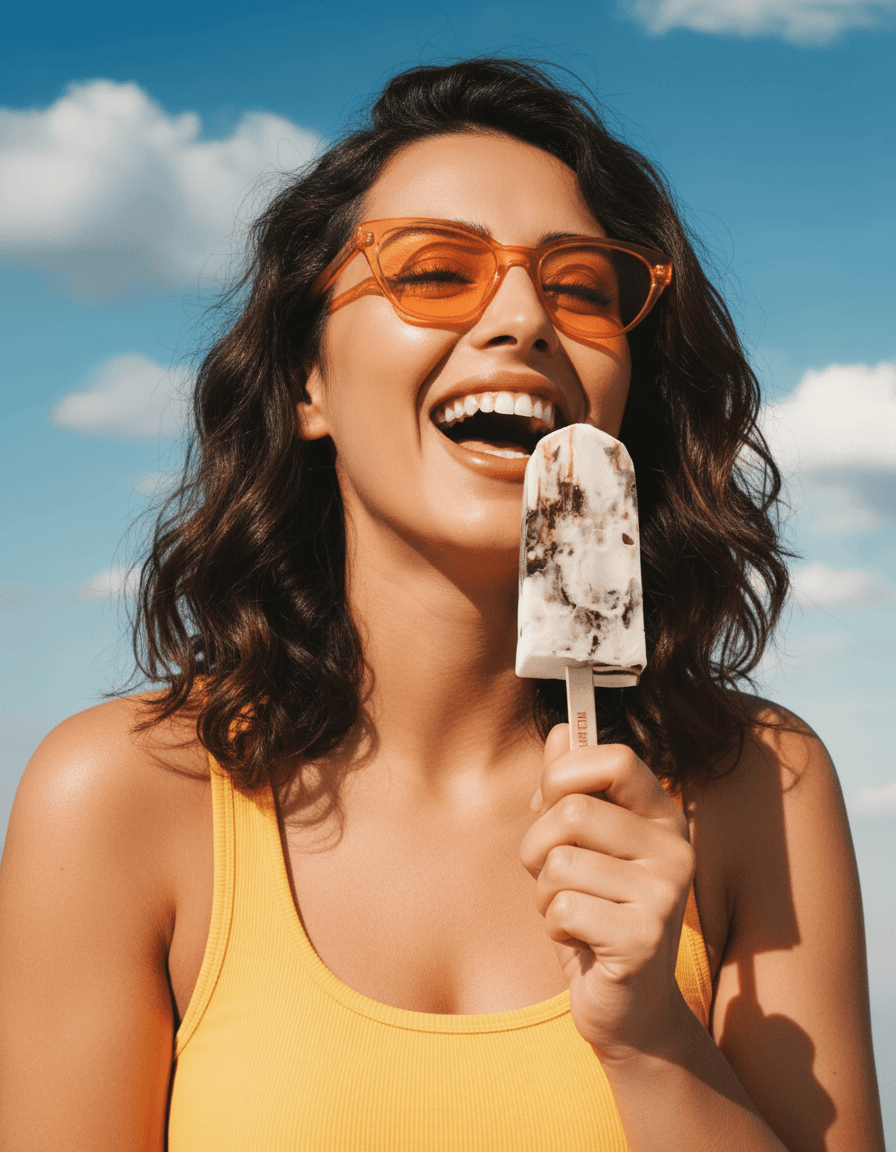 Woman laughing while enjoying a LA PALETA paleta in the sunshine